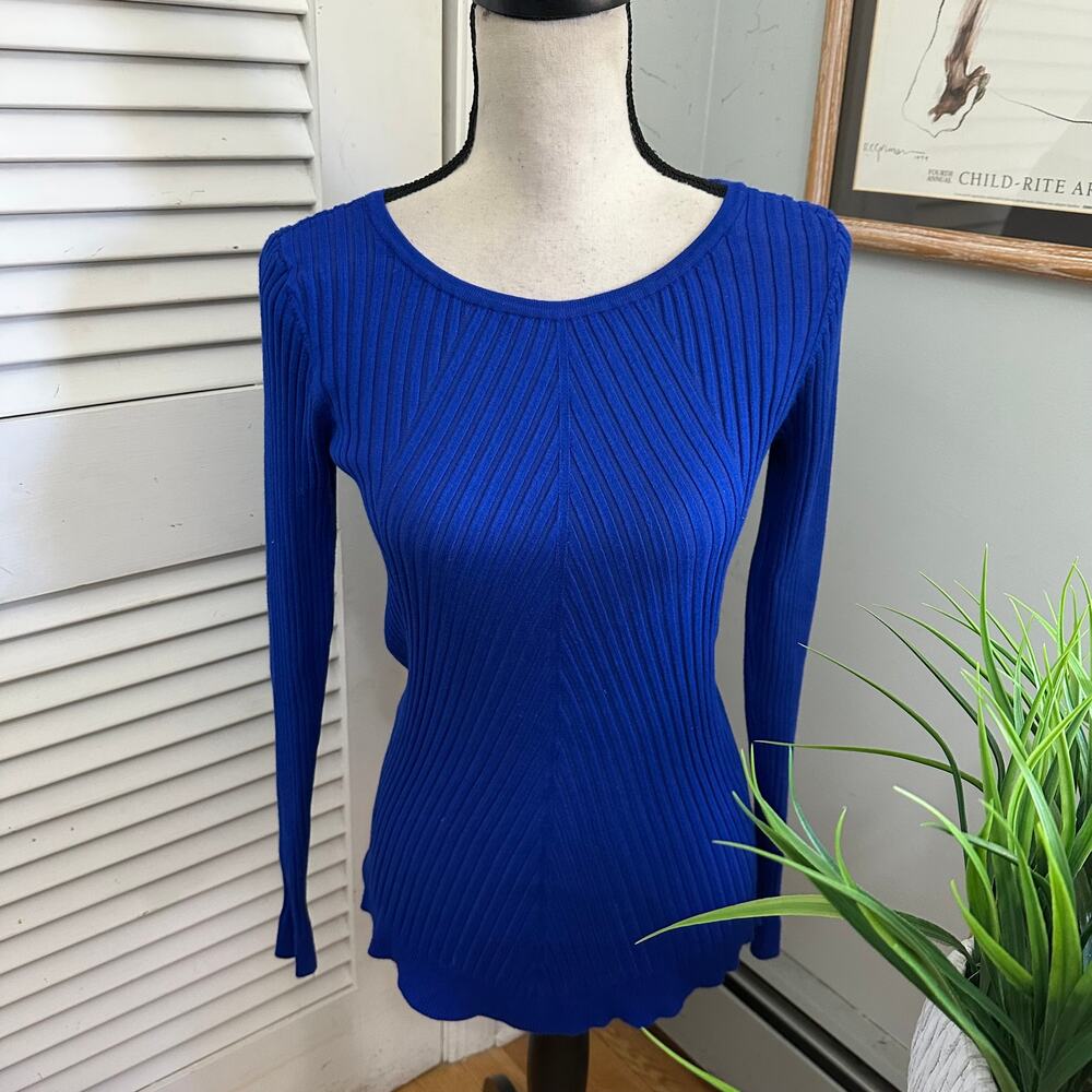 INC International Concepts Sweater Womens Large Blue Retro Fitted Ribbed Knit